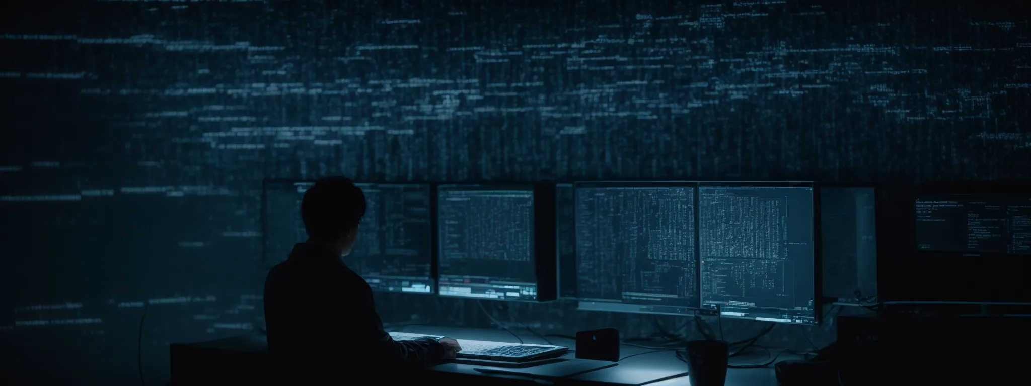 a dimly lit room with a shadowy figure typing on a computer, surrounded by a web of interconnected screens displaying chaotic lines of code.