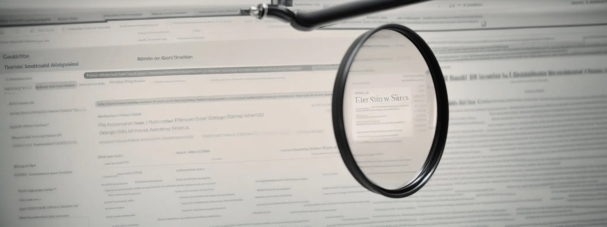 a magnifying glass hovering over a web search results page, highlighting enhanced snippets.