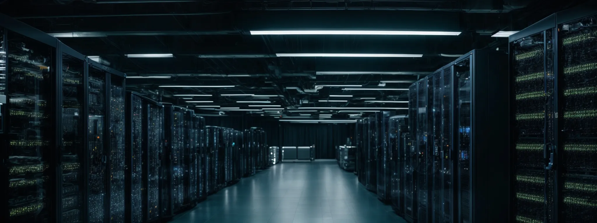 a vast server room illuminated by the blinking lights of numerous machines, symbolizing the digital infrastructure that web crawlers navigate.