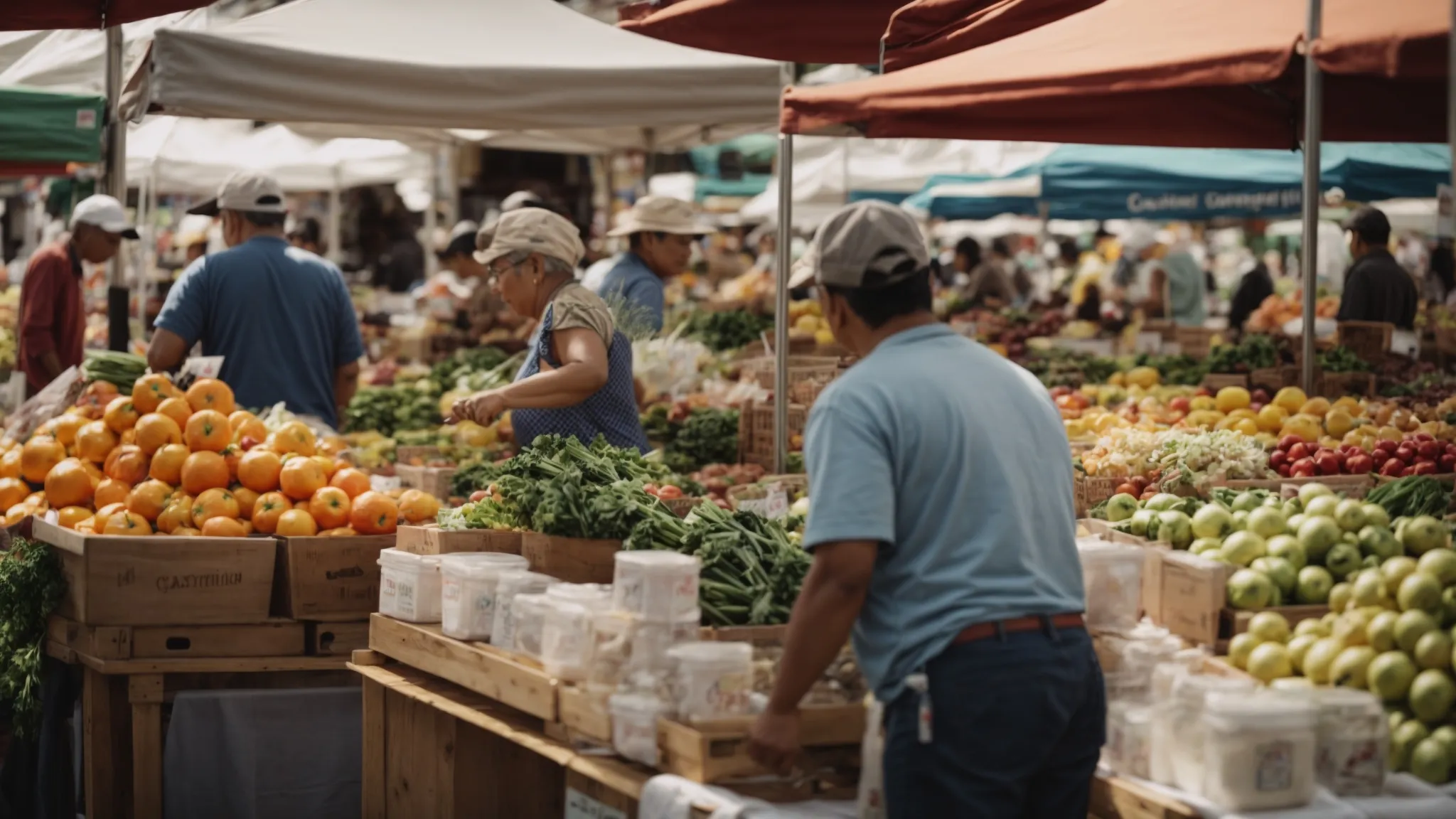 a bustling local farmers market where vendors engage with community members.