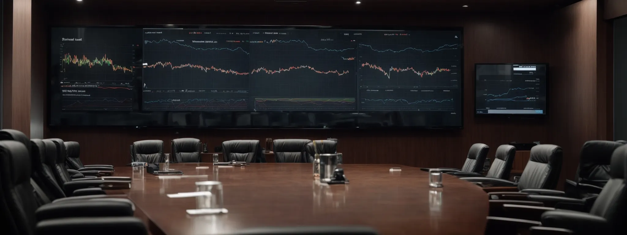 a boardroom with a large screen displaying graphs of increasing website traffic and search engine rankings.