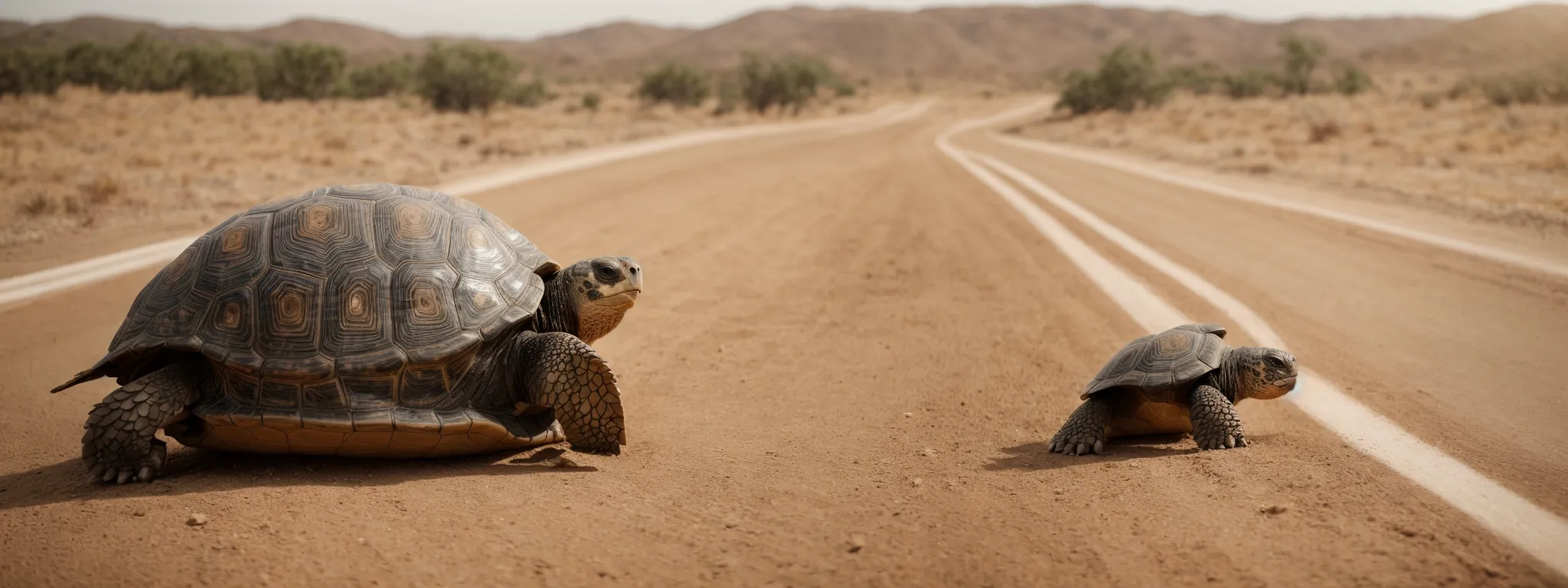 a tortoise progressively crossing a finish line, illustrating the gradual yet steady pace of effective seo strategies.