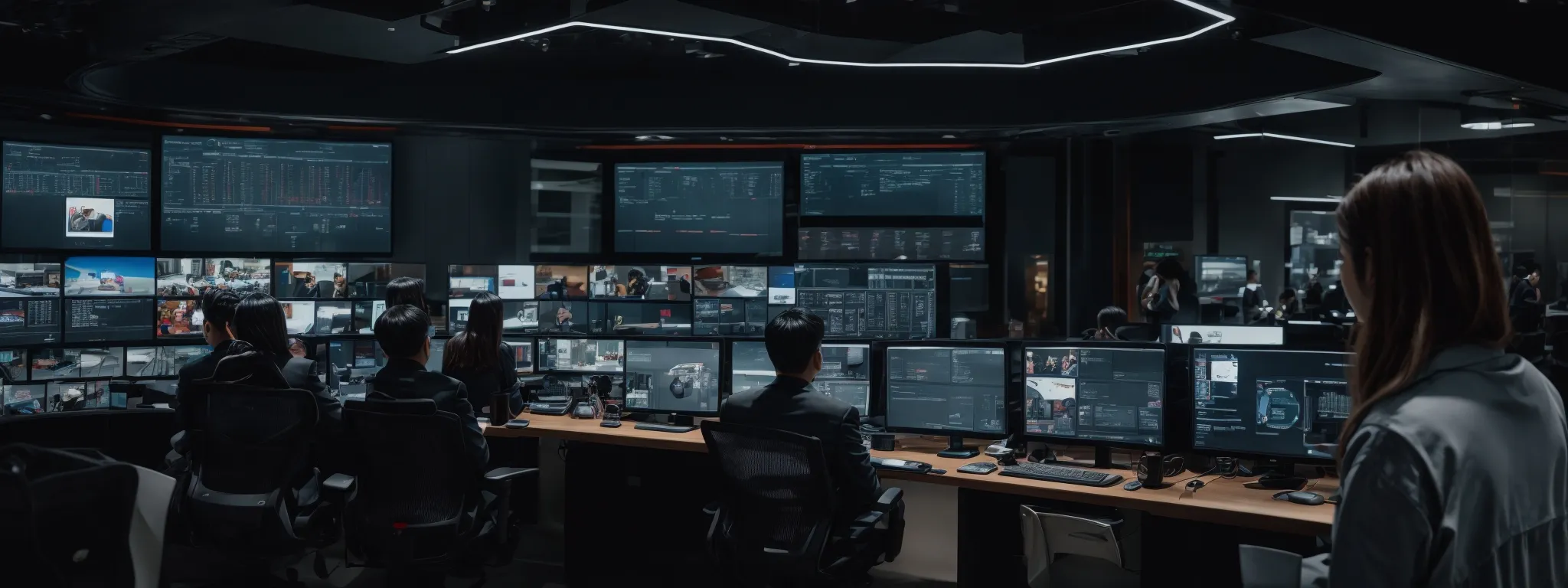 a sleek command center with multiple screens displaying analytics and social media activity for brand monitoring.