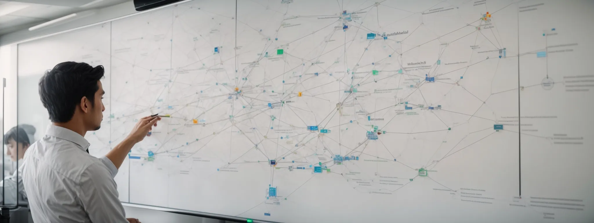 a webmaster attentively maps out a complex network of interconnected nodes on a whiteboard, representing a website's internal link architecture.