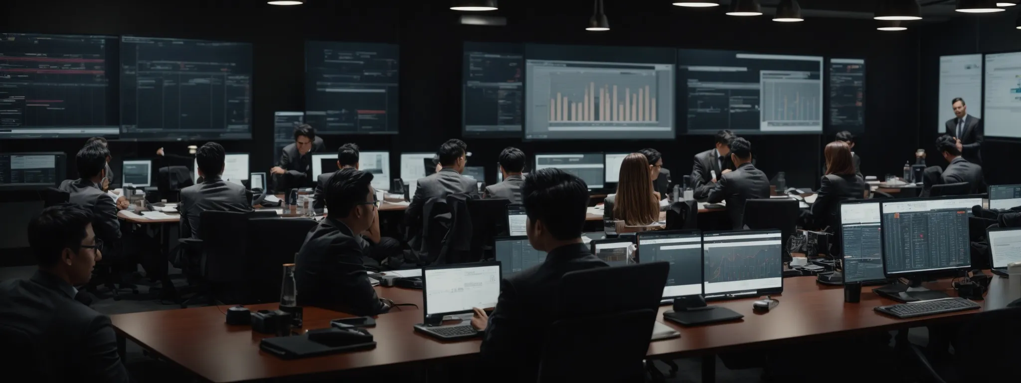 a group of professionals gathered around a conference table, brainstorming over multiple computer screens displaying analytics and seo metrics.