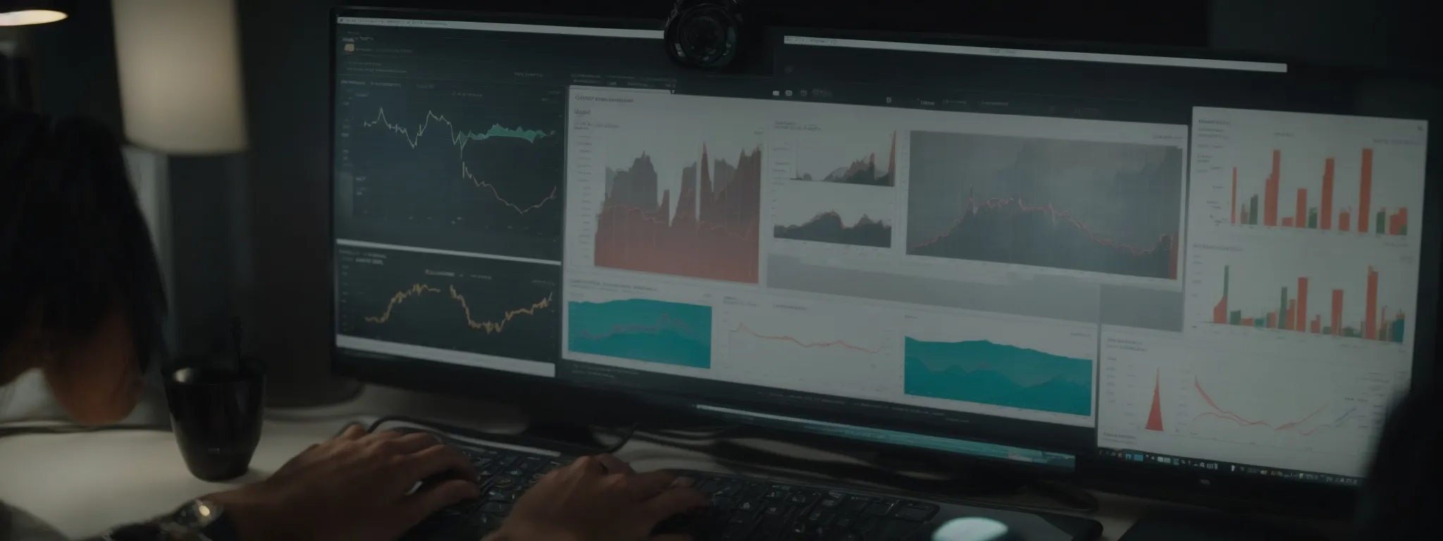 a person analyzes charts and graphs on a computer screen displaying seo performance metrics.