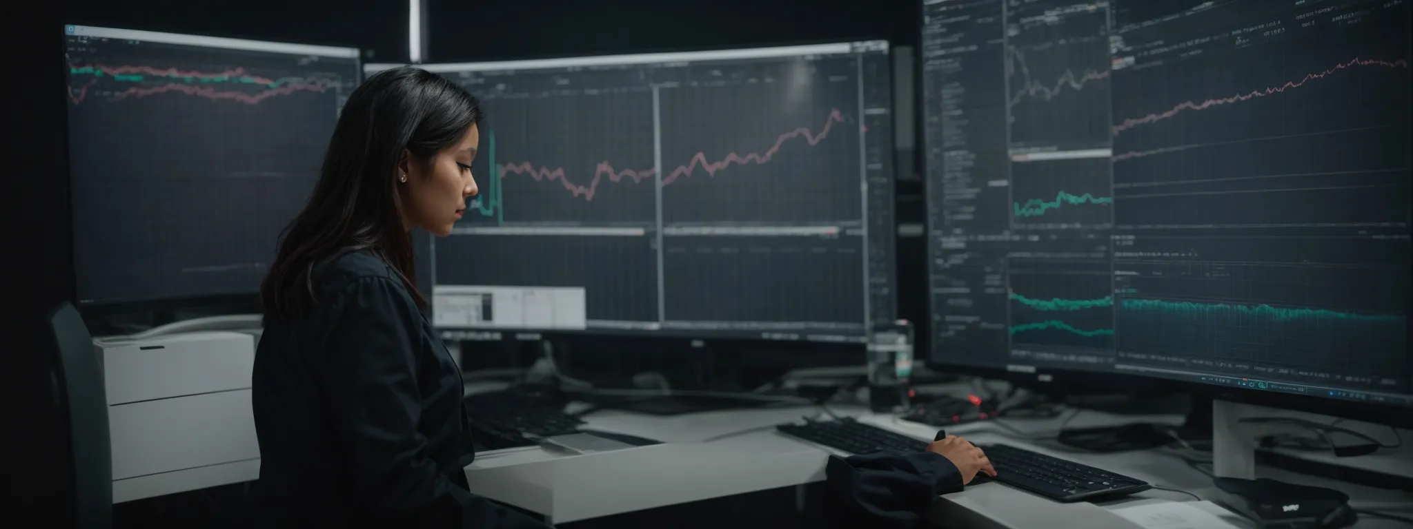 a woman at a computer analyzes complex graphs on digital marketing analytics.