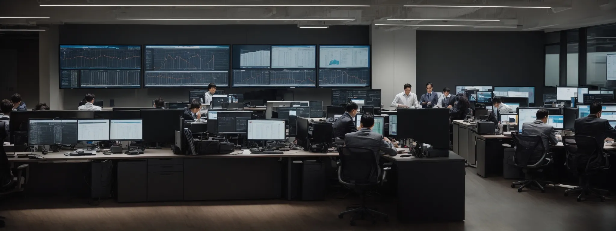 a bustling corporate office with teams intently analyzing data on large monitors showcasing website analytics and performance metrics.
