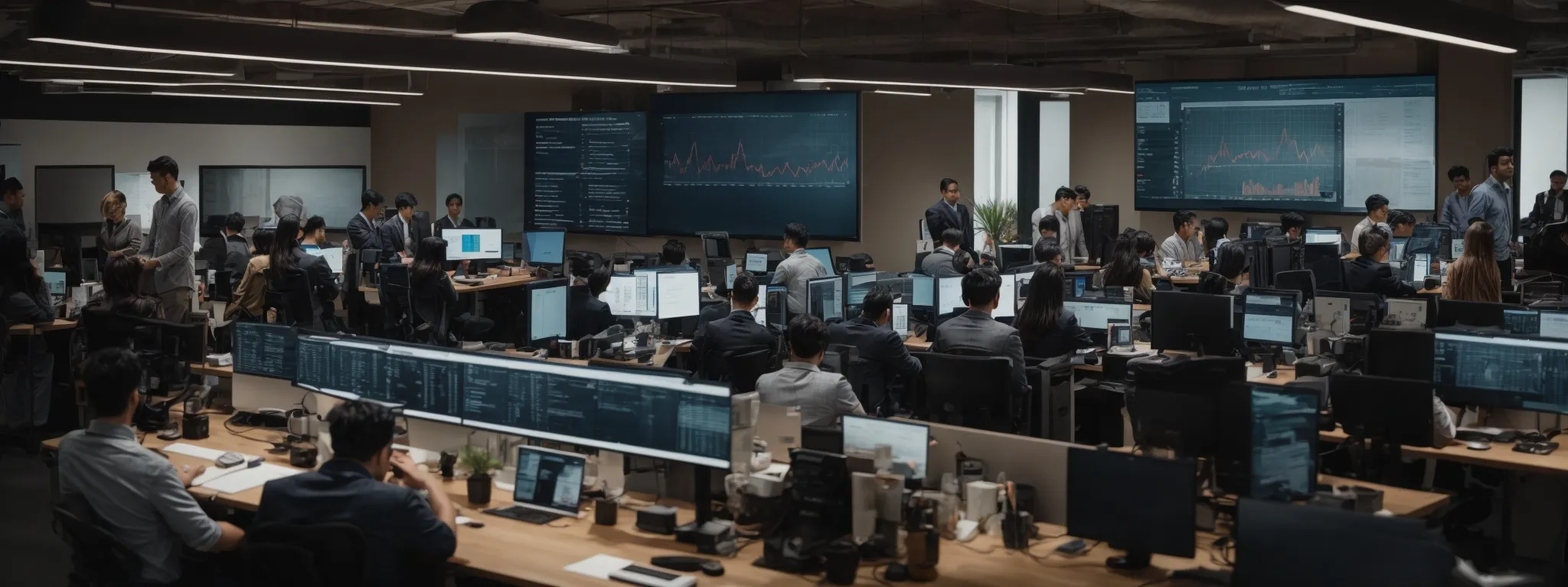 a bustling digital marketing office with diverse professionals strategizing around a large monitor displaying seo analytics.
