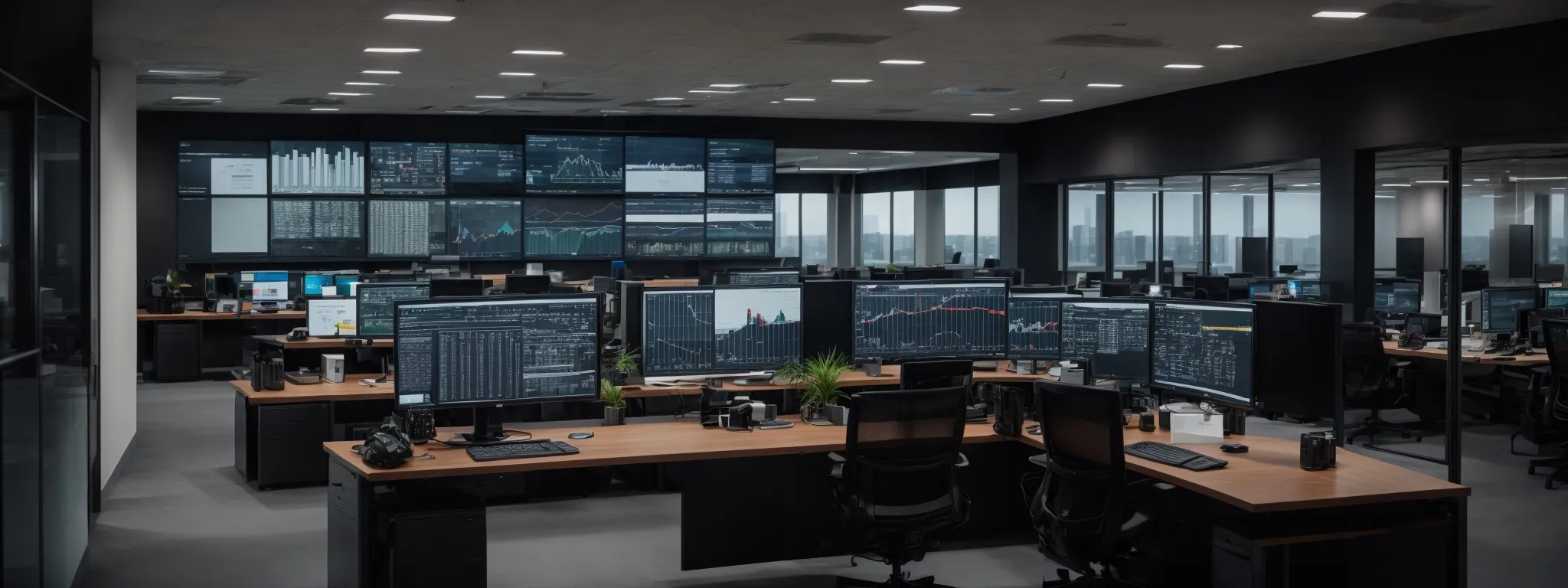 a panoramic view of a modern office with multiple large computer screens displaying graphs and analytics dashboards.