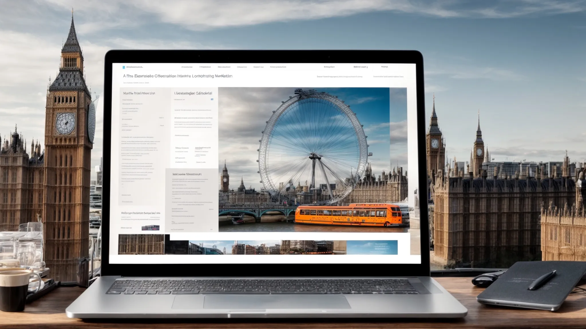 a laptop displaying graphs and charts sits on a table surrounded by iconic british landmarks like the london eye and big ben, encapsulating the essence of top uk marketing blogs focused on seo.