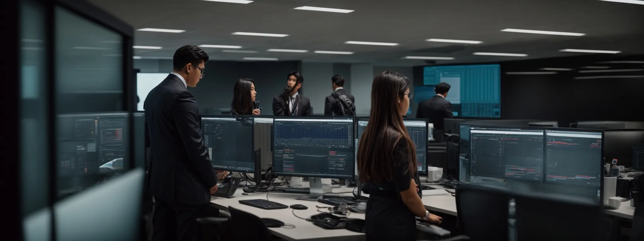 a team of professionals intently analyzing data on computer screens in a modern office setting.