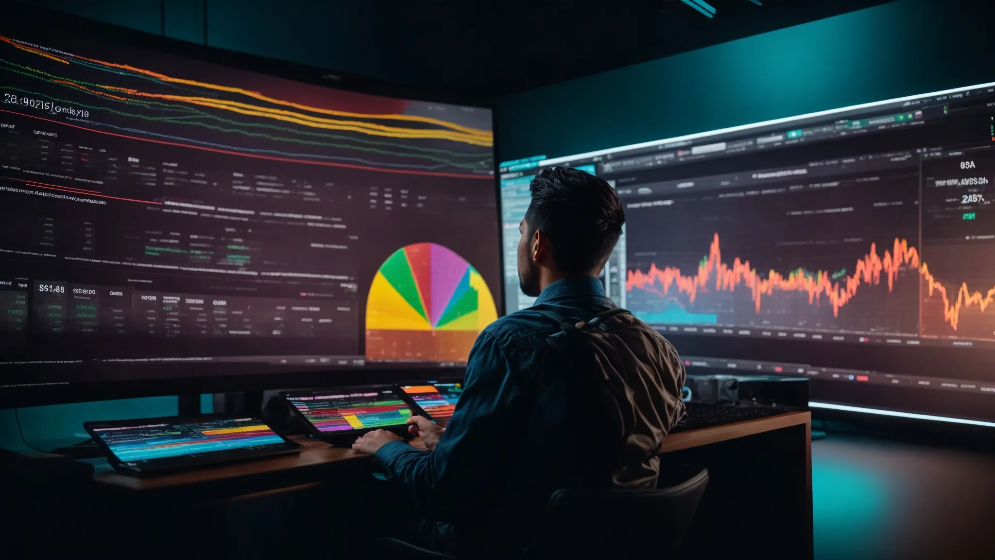 a digital marketer scrutinizes a vibrant analytics dashboard on a computer screen, highlighting website performance metrics.