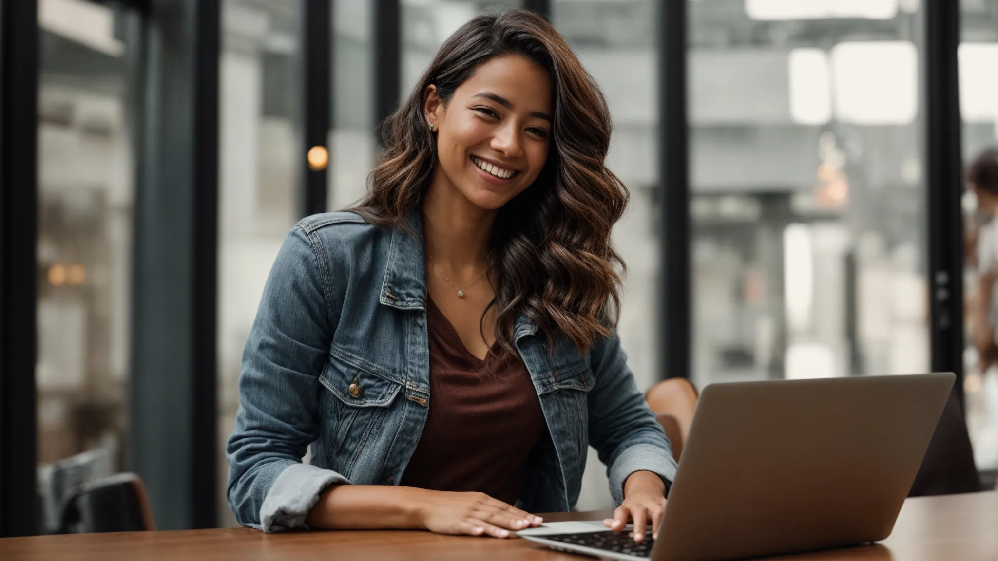 a marketer smiles with satisfaction as she observes a significant uptick in visitor engagement on her laptop's analytics dashboard after using landing page monkey.
