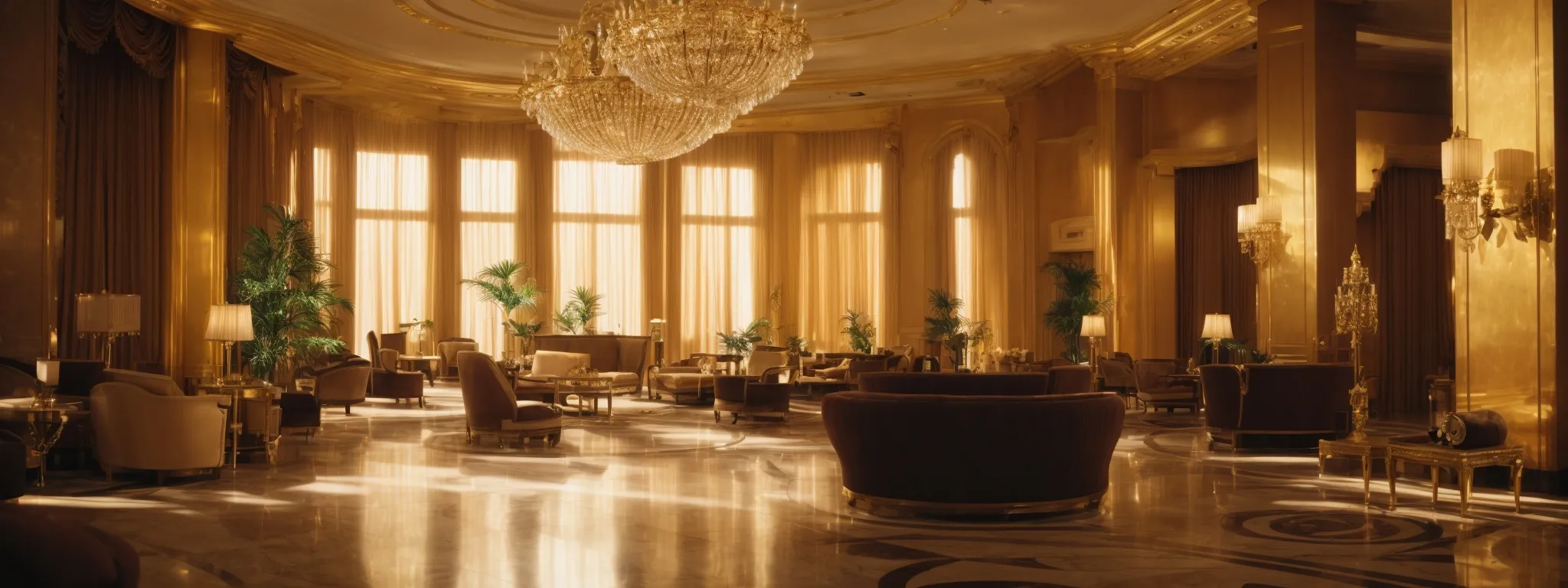 an opulent hotel lobby bathed in golden light, inviting prospective guests with its luxurious ambiance.
