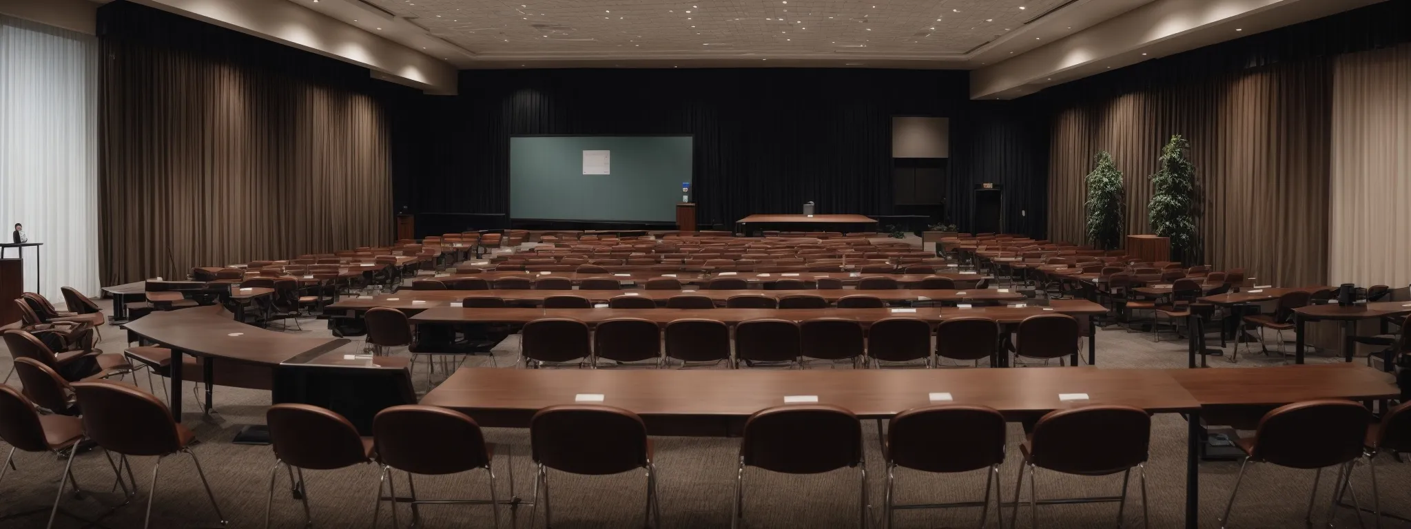 a professional conference room setup for an seo seminar with a large presentation screen and rows of chairs.