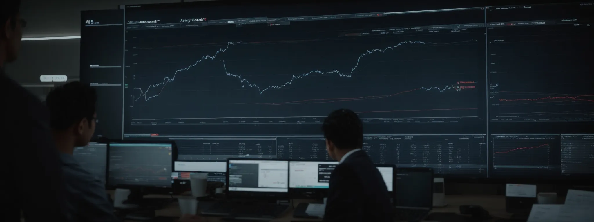 a marketing team analyzes graphs on a large screen showing advertising spend versus returns.