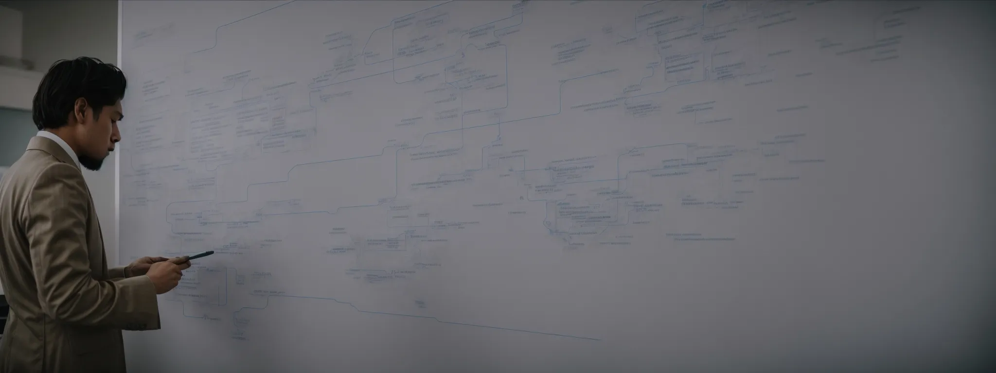 a person in an office reviewing a large flow chart of website navigation on a whiteboard.