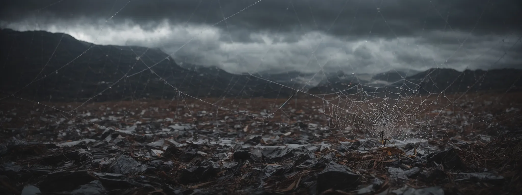 a spider weaving a complex web around broken search engine icons against a backdrop of a stormy digital landscape.