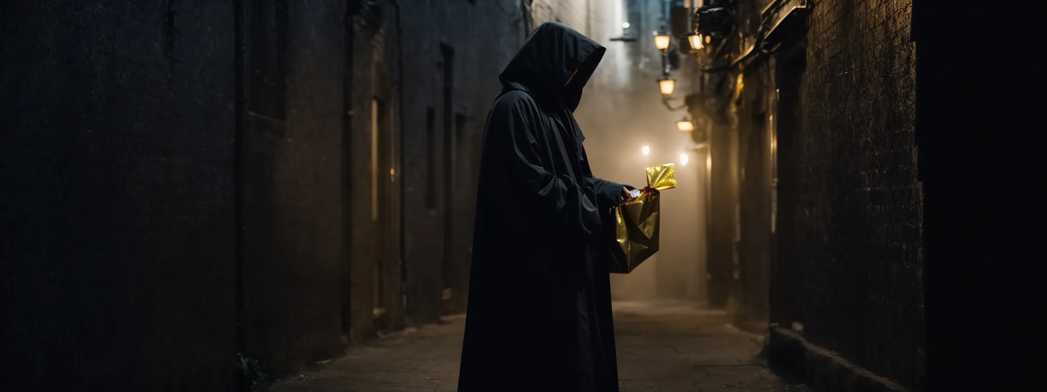 a cloaked figure subtly exchanging a bag of gold in a dark alley, symbolizing the secretive transaction of paid linking schemes.