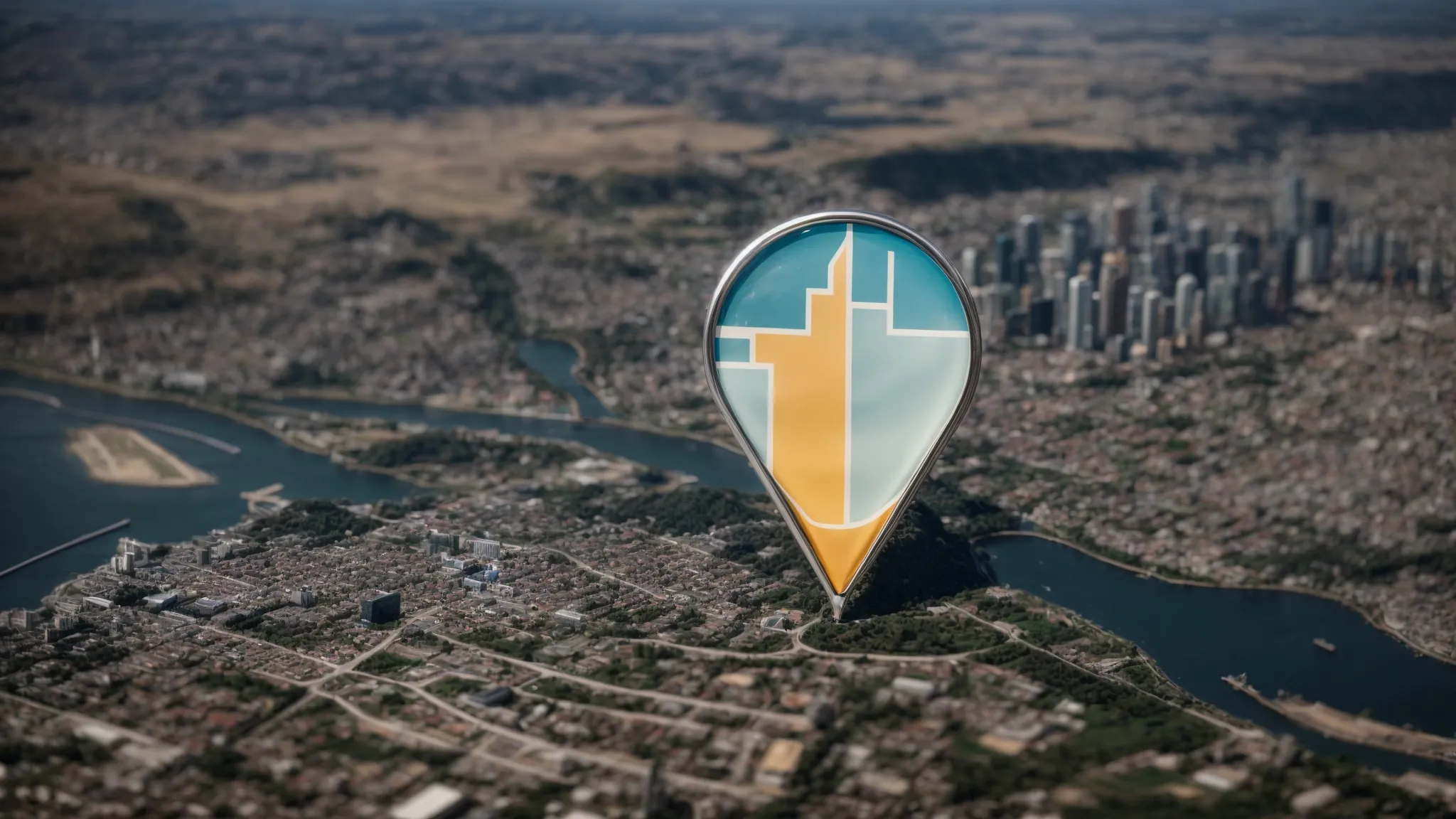 a map pin icon hovering over a simplified graphic of a city skyline.