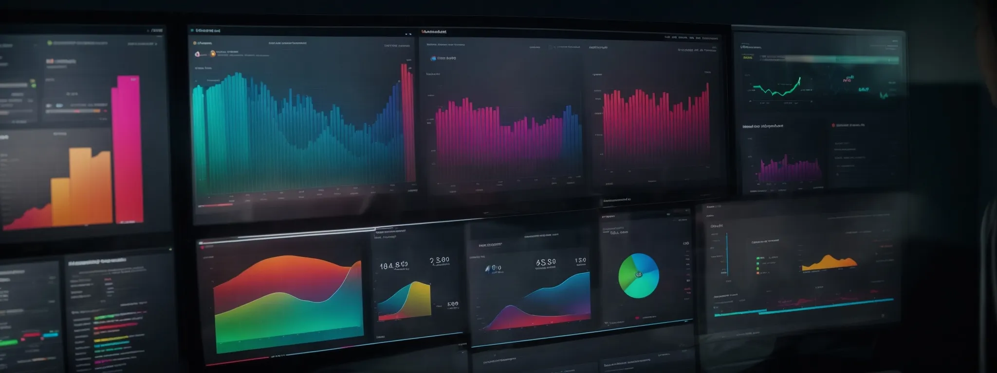 a computer screen displays a colorful analytics dashboard, highlighting website performance metrics with graphs and charts.