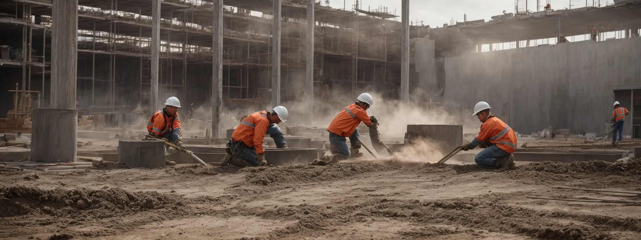 construction workers pour concrete as the base for a new building, reflecting the foundational work in saas seo strategy.