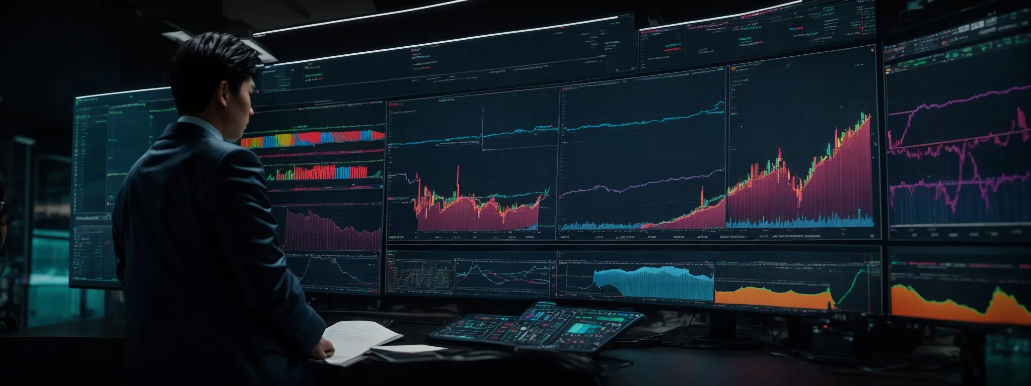 a professional intently examines colorful graphs and charts on a large monitor displaying an analytics dashboard.