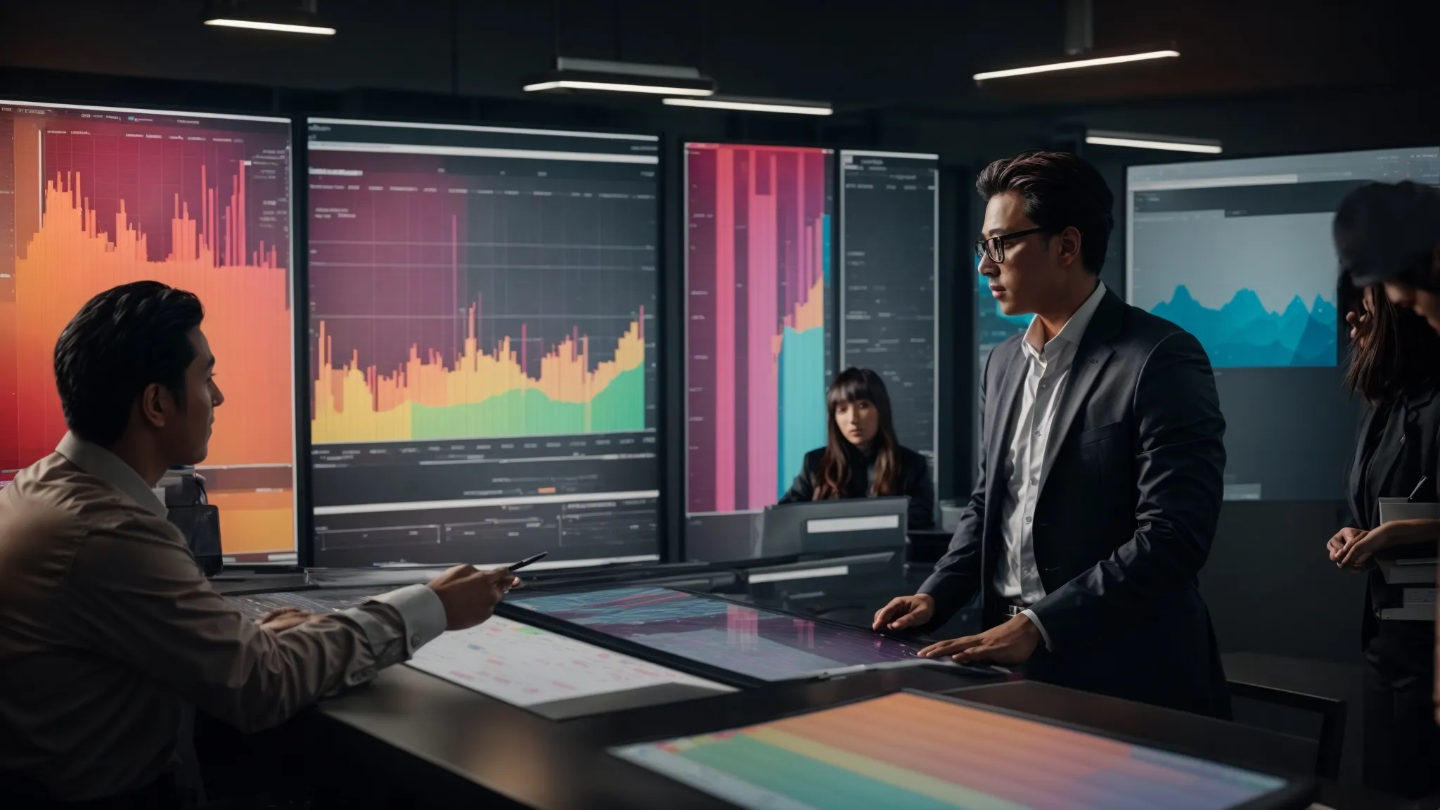 a marketing team analyzes data on a large screen displaying colorful charts and graphs while discussing a strategy.