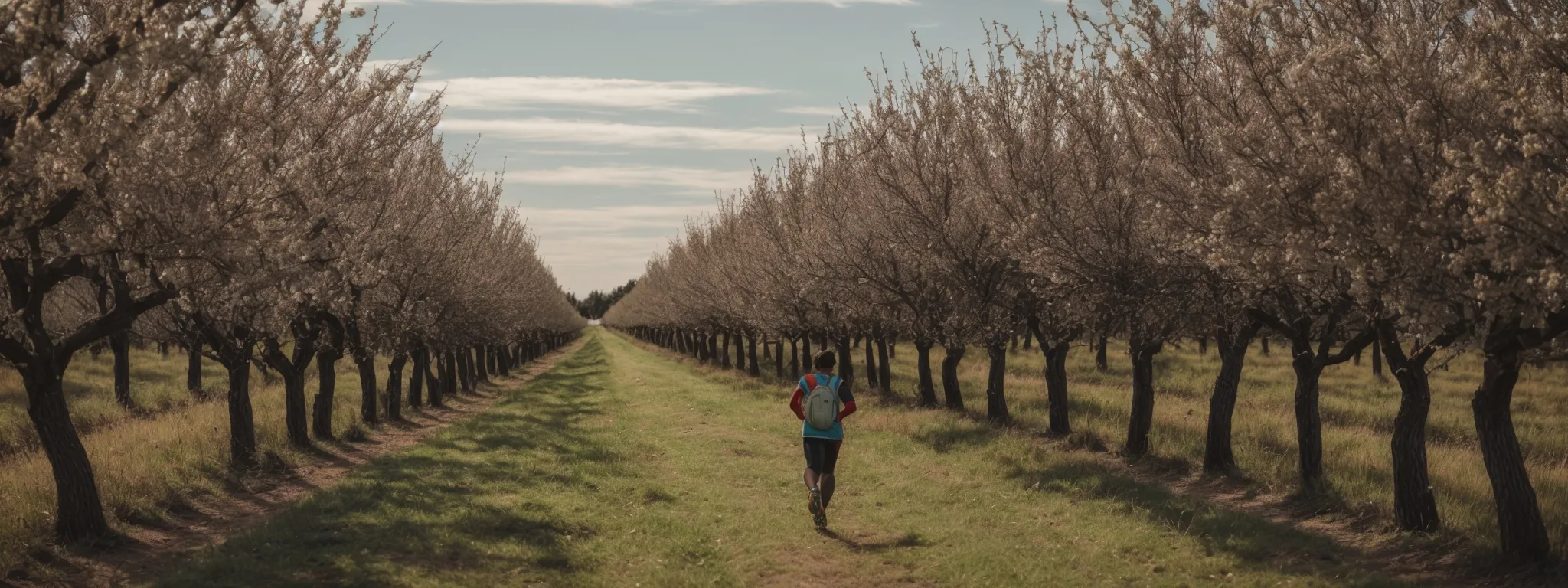 a sprawling orchard with rows of young trees under a wide sky, juxtaposed with a runner poised at the start line on a nearby track.