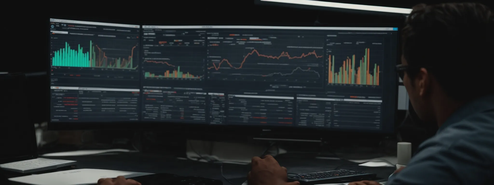 a professional viewing an advanced software dashboard filled with comprehensive charts and analytics on a computer screen.