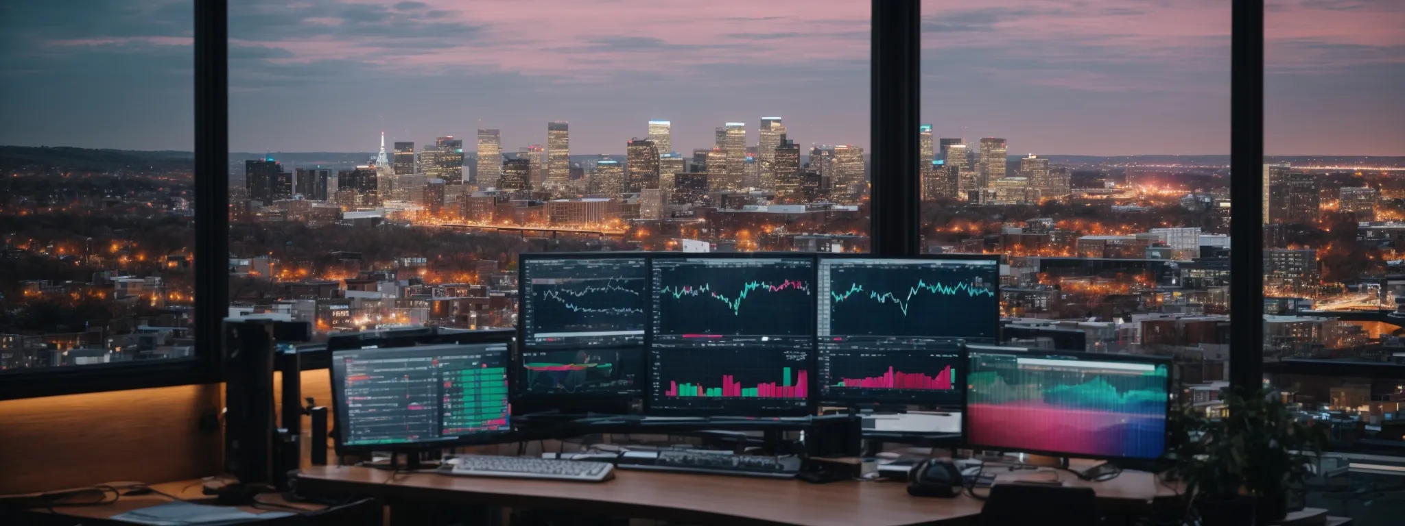 a computer screen displaying colorful graphs and seo analytics tools amidst an office overlooking a connecticut cityscape.
