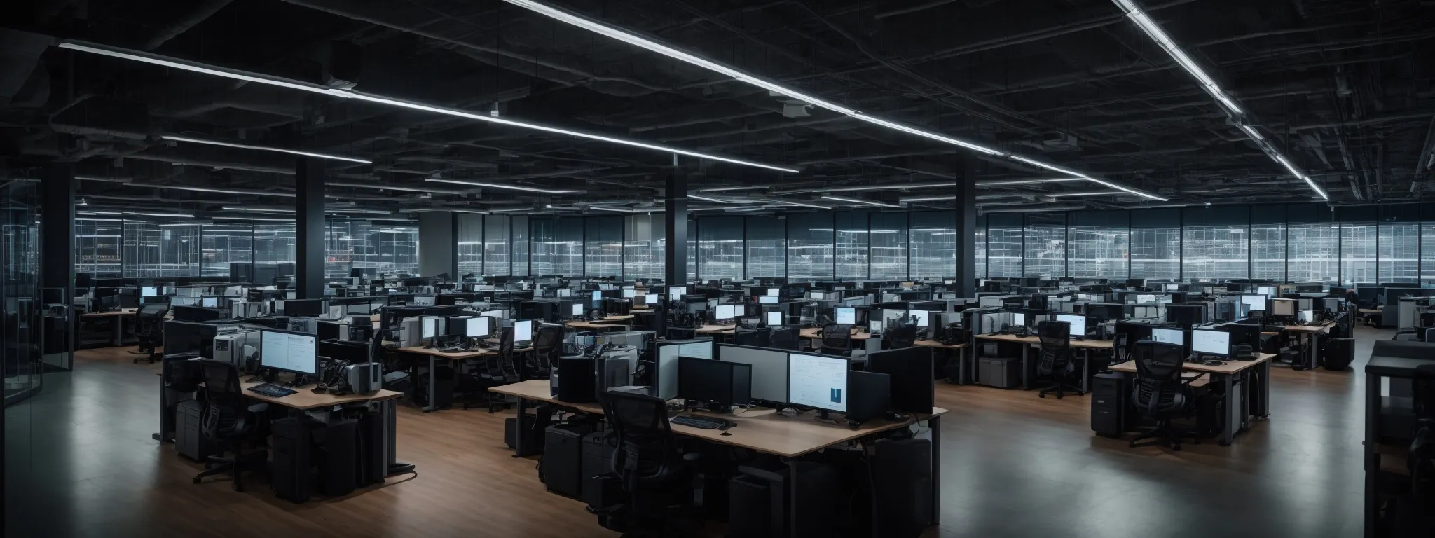 a panoramic view of a modern office with rows of computers displaying data analytics on screen.