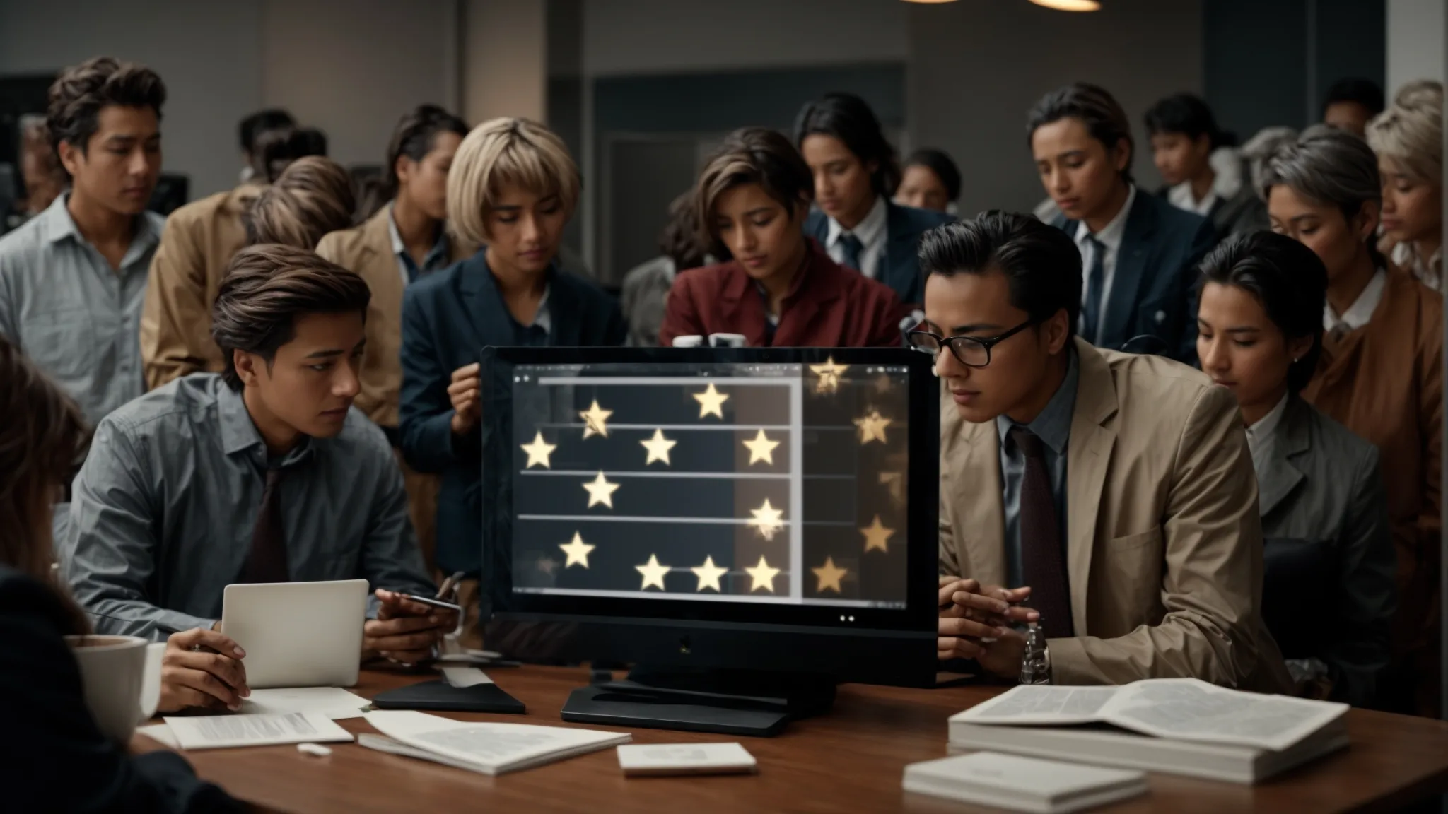 a group of professionals gathered around a computer, displaying five stars on the screen.