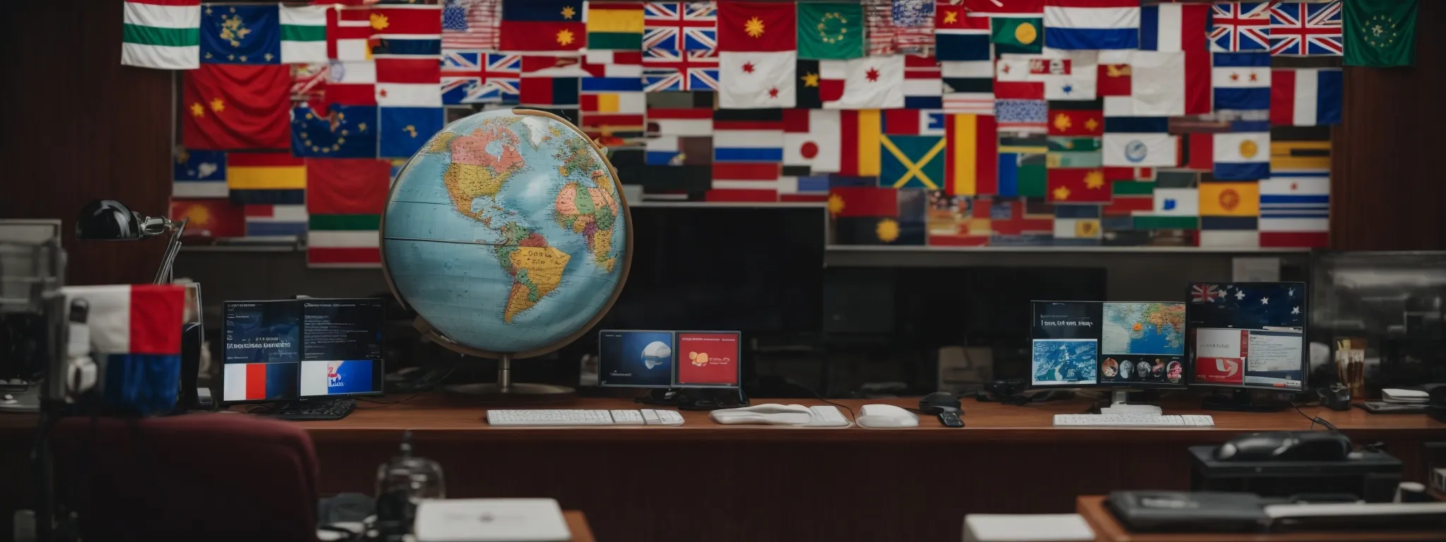 a globe surrounded by multiple flags with a computer screen displaying a translation feature in the background.