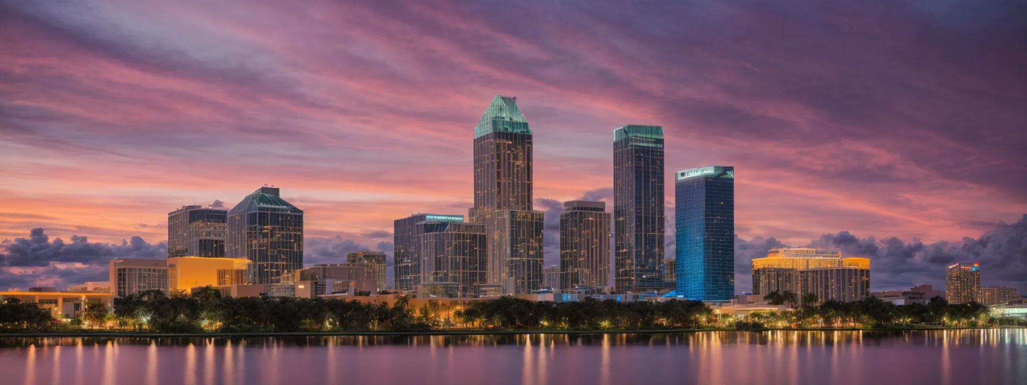 a vibrant orlando skyline reflects in the tranquil water at twilight, symbolizing the city's dynamic online presence.