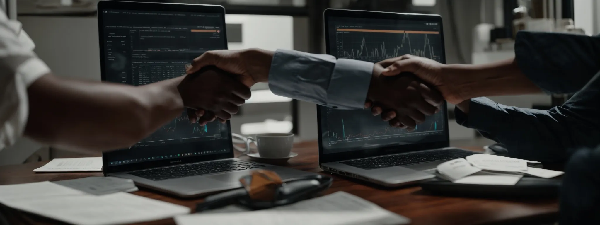 two professionals shaking hands across a table with a laptop displaying graphs open in front of them, symbolizing a partnership agreement.