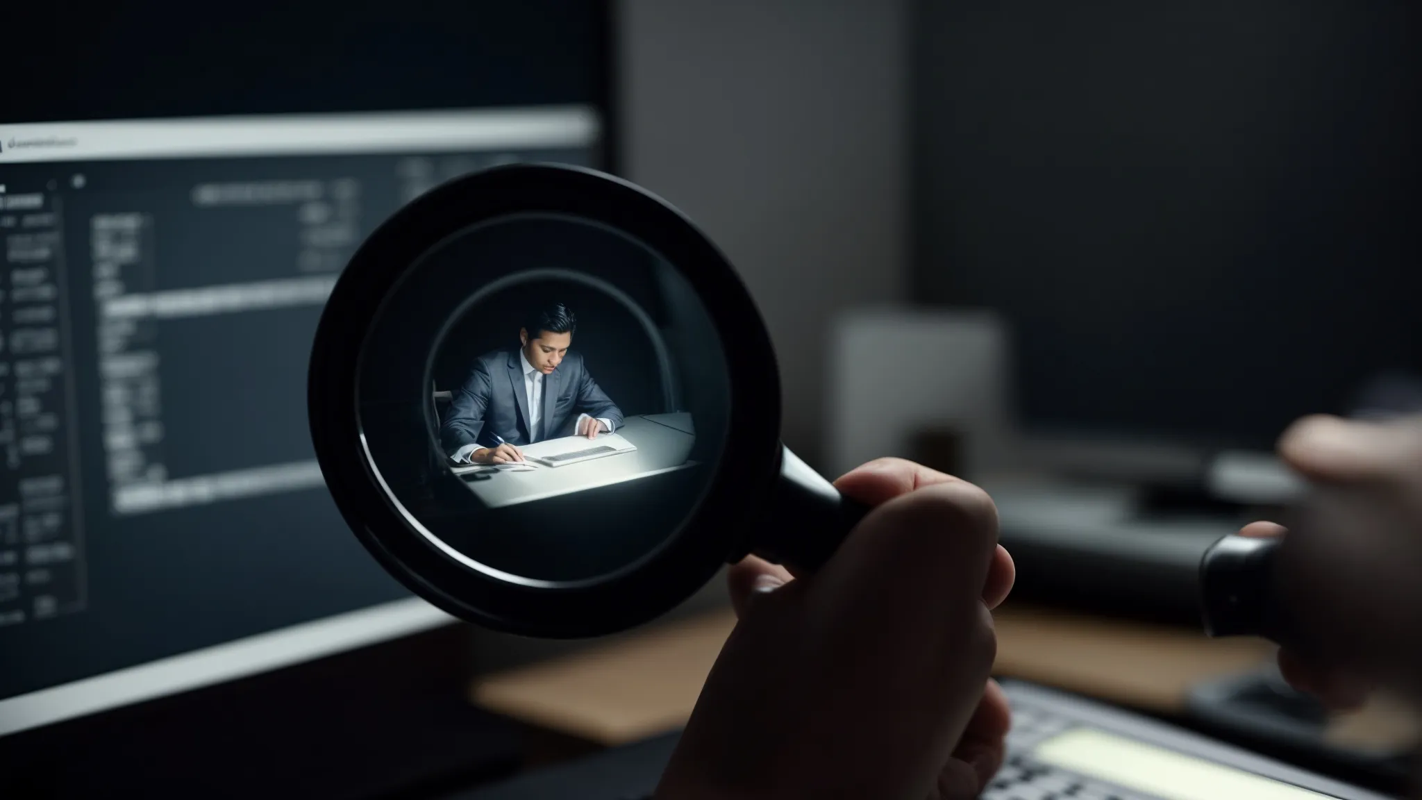 a person seated at a computer clicks on a magnifying glass icon symbolizing the initiation of a targeted online search.