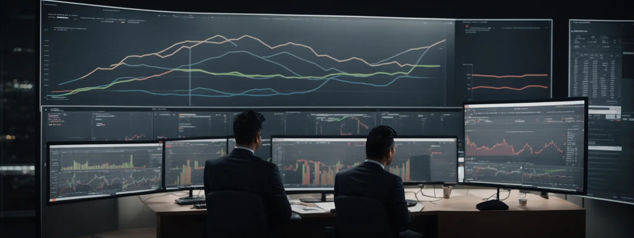 a corporate team analyzing complex charts on a large screen displaying crm data analytics.