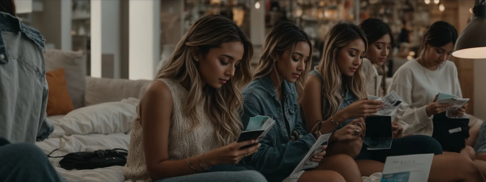 an apparel brand photo shoot featuring social media influencers casually flipping through a magazine, surrounded by smartphones and cameras displaying the same content.