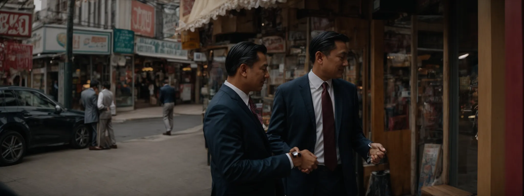 two business professionals shaking hands in front of their storefronts on a bustling local street.