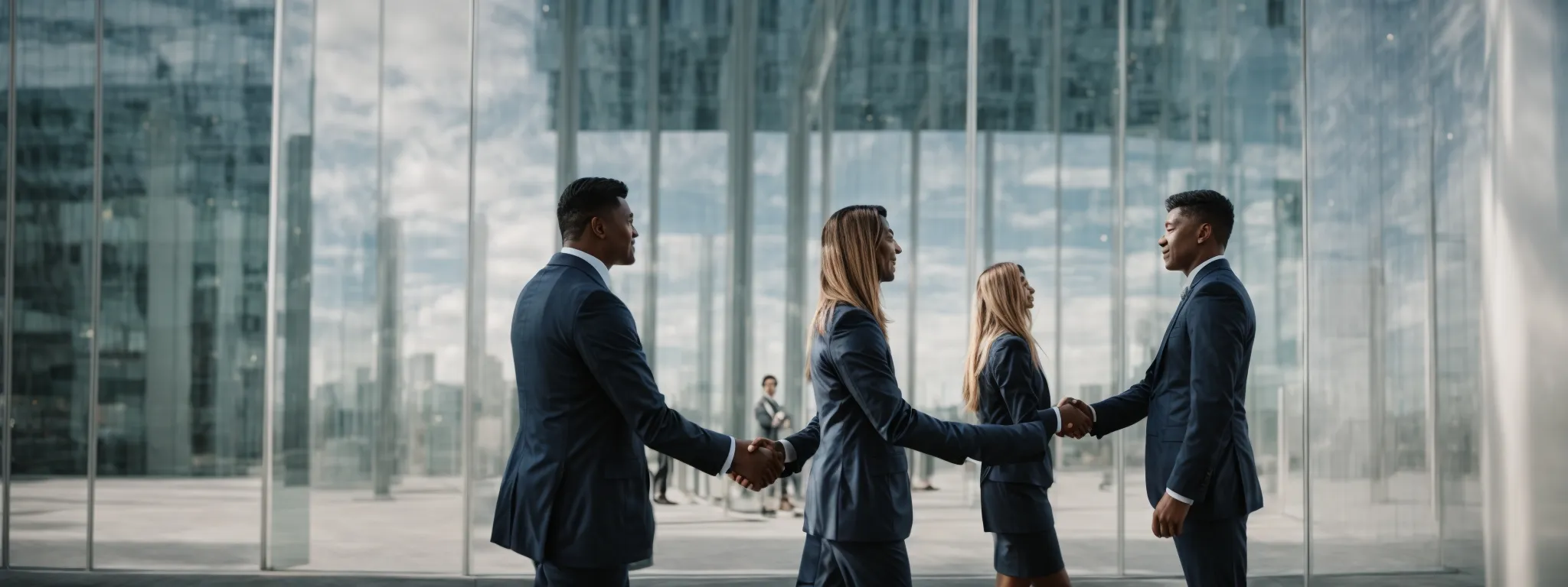 two business professionals shaking hands in front of a clear, transparent glass building, symbolizing a transparent partnership.