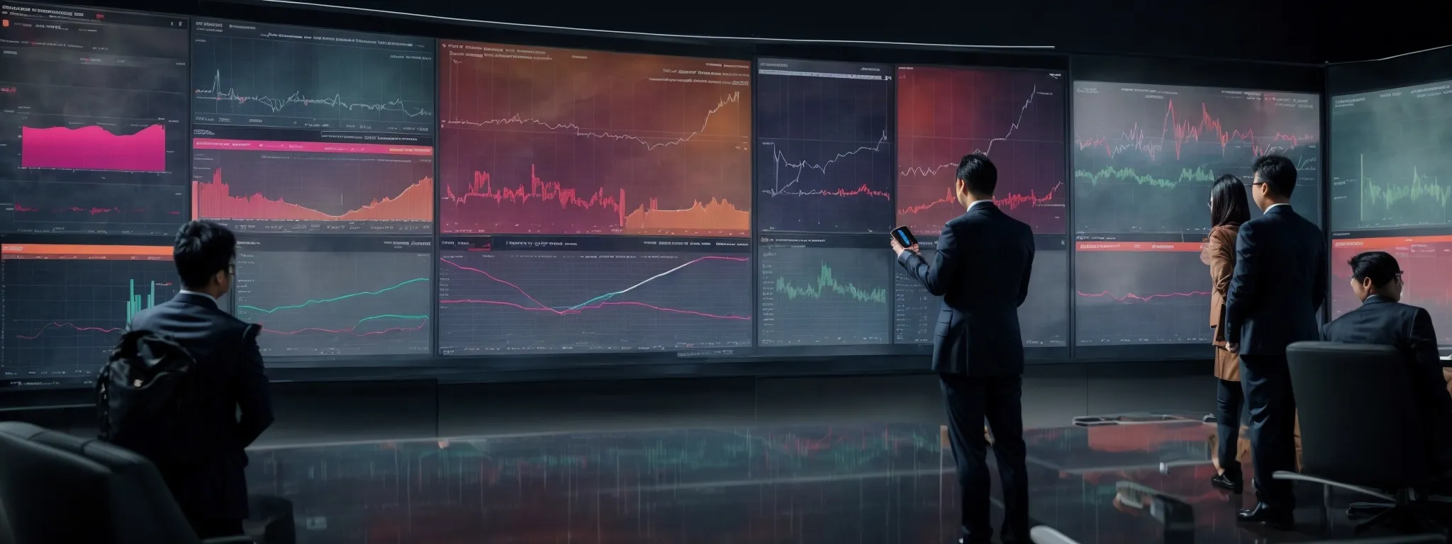 a strategic team reviews interactive analytics on a large touch screen, displaying colorful graphs and market trends.