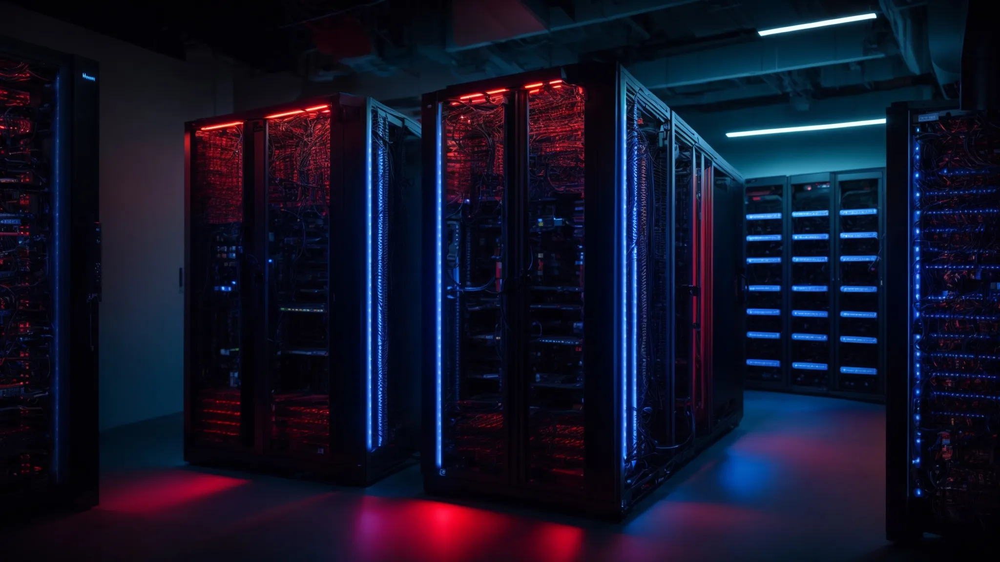 an array of server racks with blue and red led lights in a dim data center.