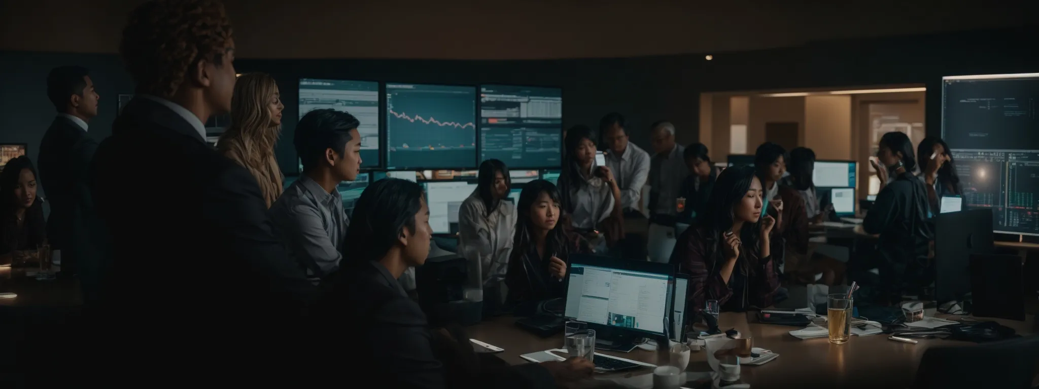 a diverse group of professionals engaged in a digital marketing strategy session around a large, illuminated computer screen.