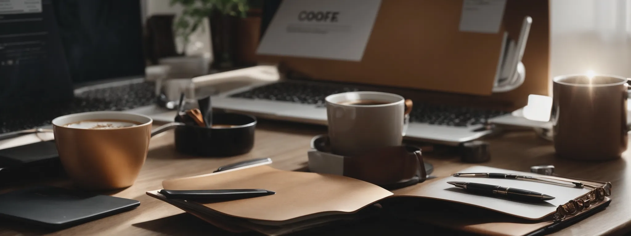 a laptop, coffee cup, and a notepad on a desk, symbolizing a content creator's workspace focused on seo strategy.