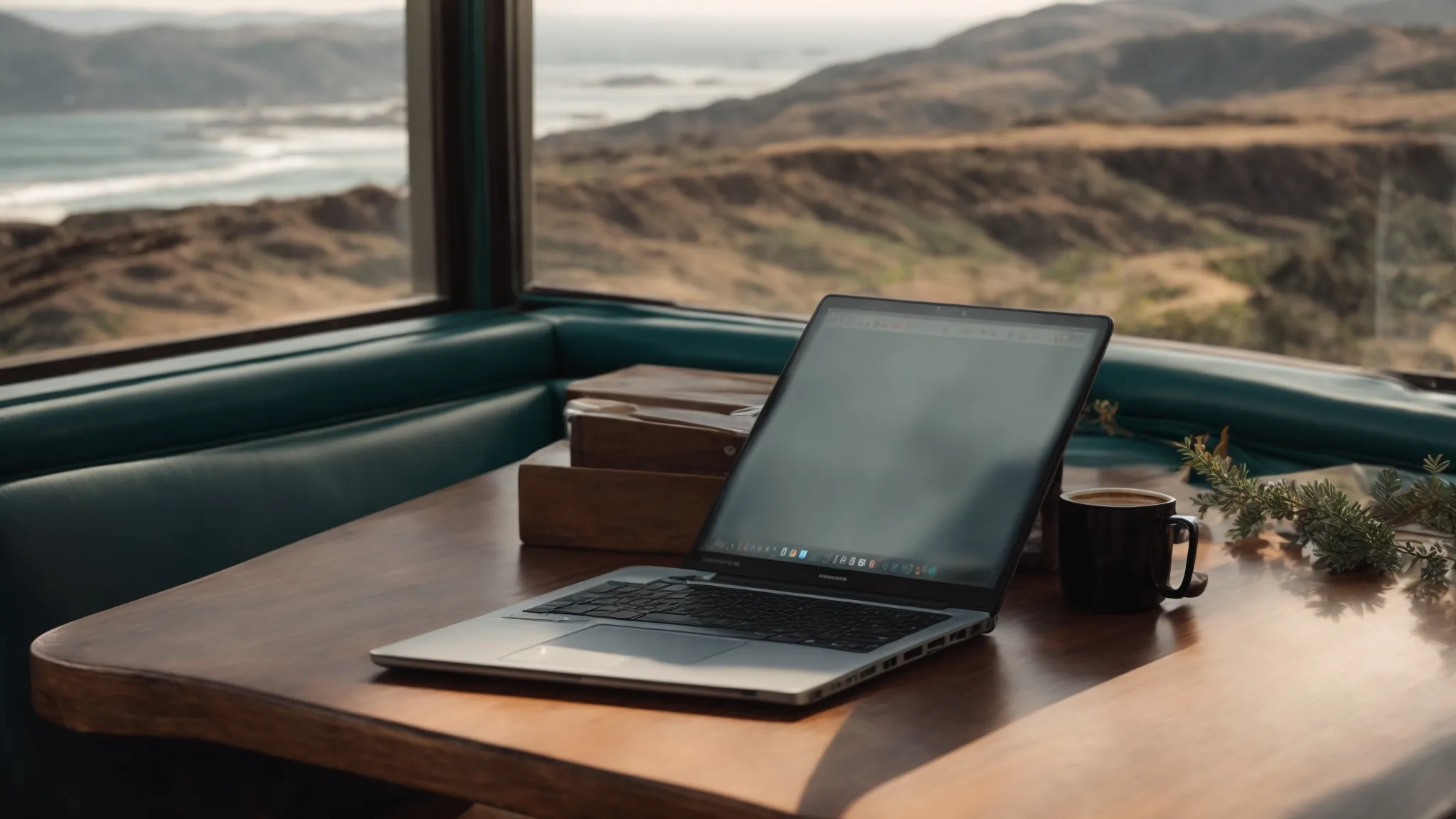 a laptop on a cozy coffee shop table with a scenic view of the u.s. west coast in the background.