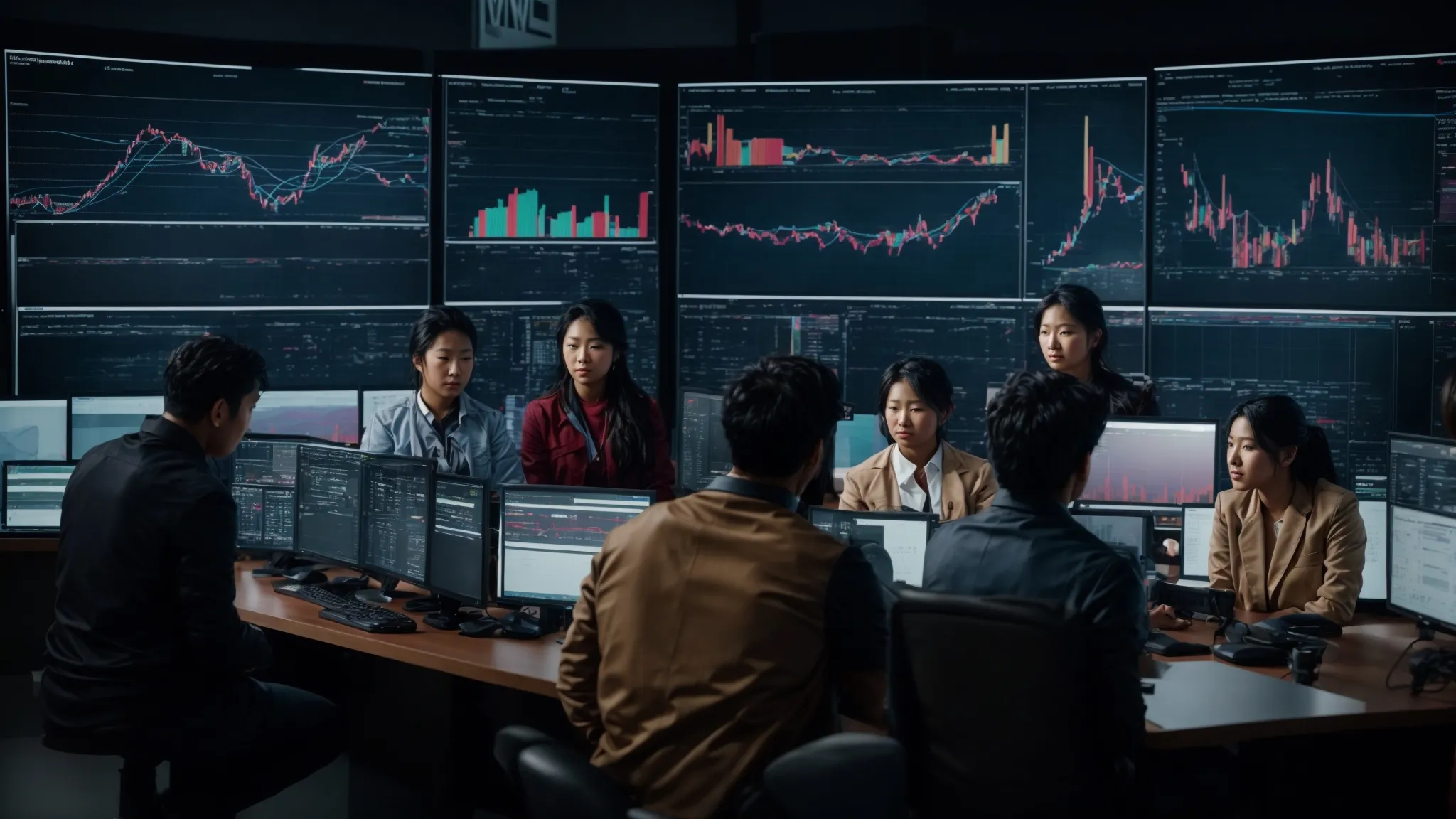 a diverse group of professionals gathered around a large monitor displaying colorful graphs and interactive dashboards.