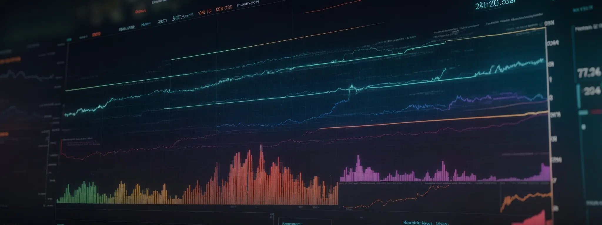 an array of colorful, ascending graphs and charts on a digital screen, showcasing the dynamic trends of keywords across various industry sectors.