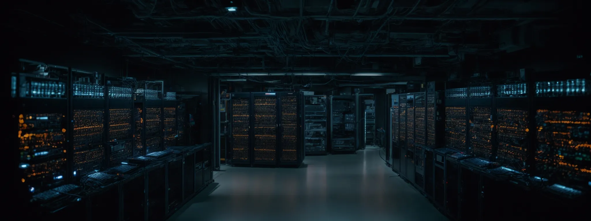 a server room with racks of networking equipment illuminated by flickering status lights.